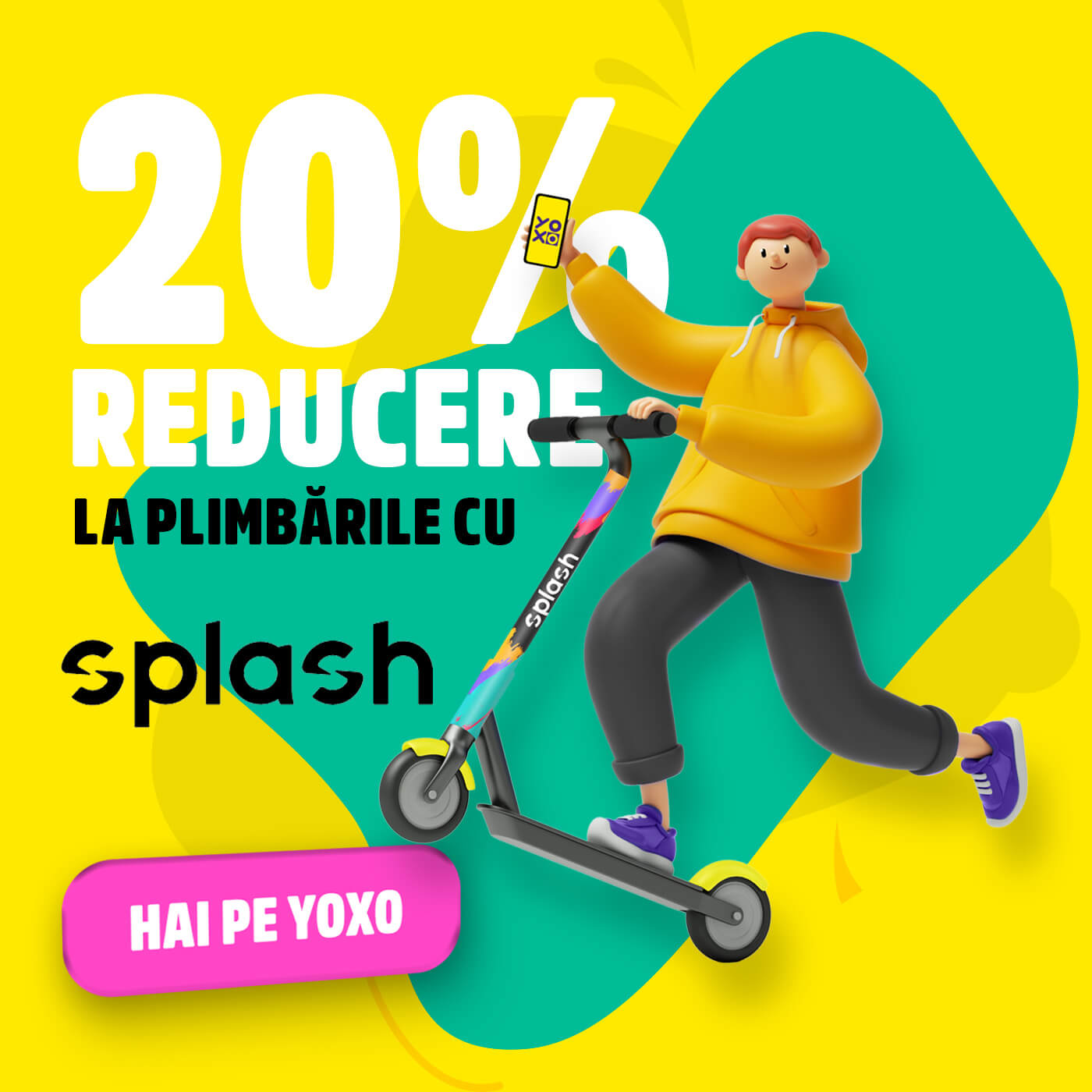 Activează-ți un abonament YOXO până pe 30 septembrie 2022 și ai o plimbare gratis cu trotinetele electrice Splash. 